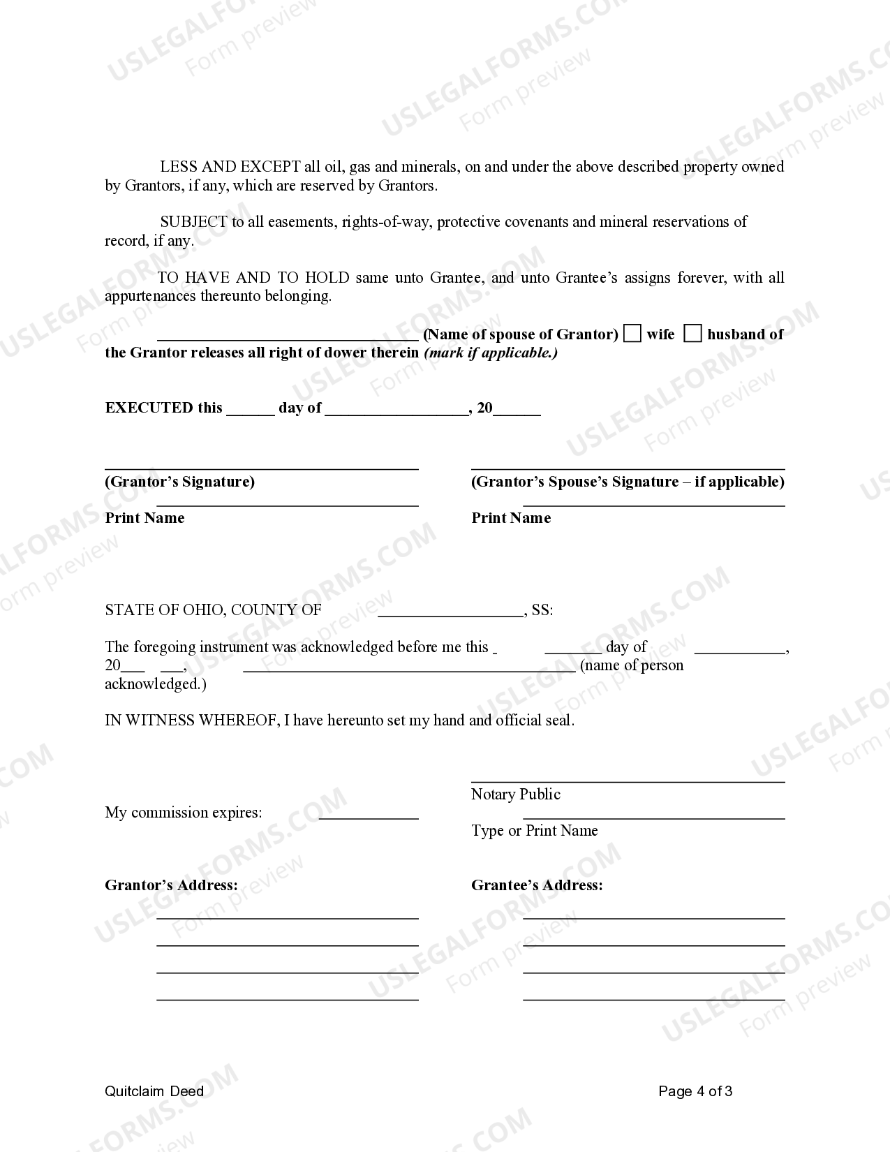 Ohio Quit Claim Deed Form Word US Legal Forms