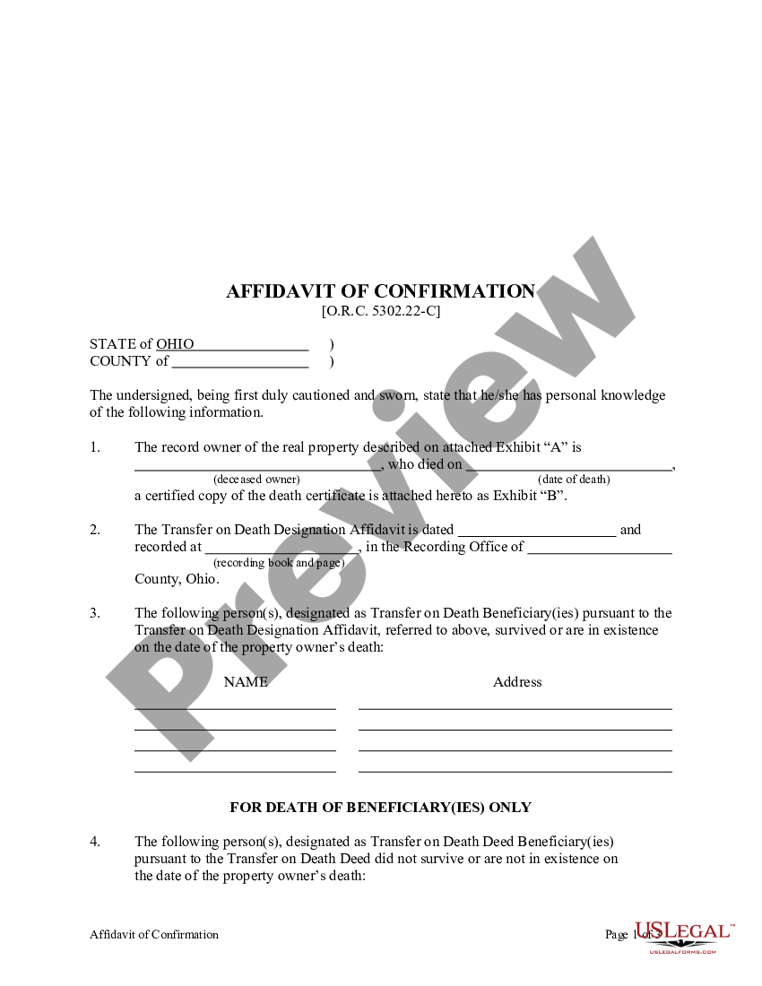 Affidavit Of Confirmation Ohio With Death Us Legal Forms 9089