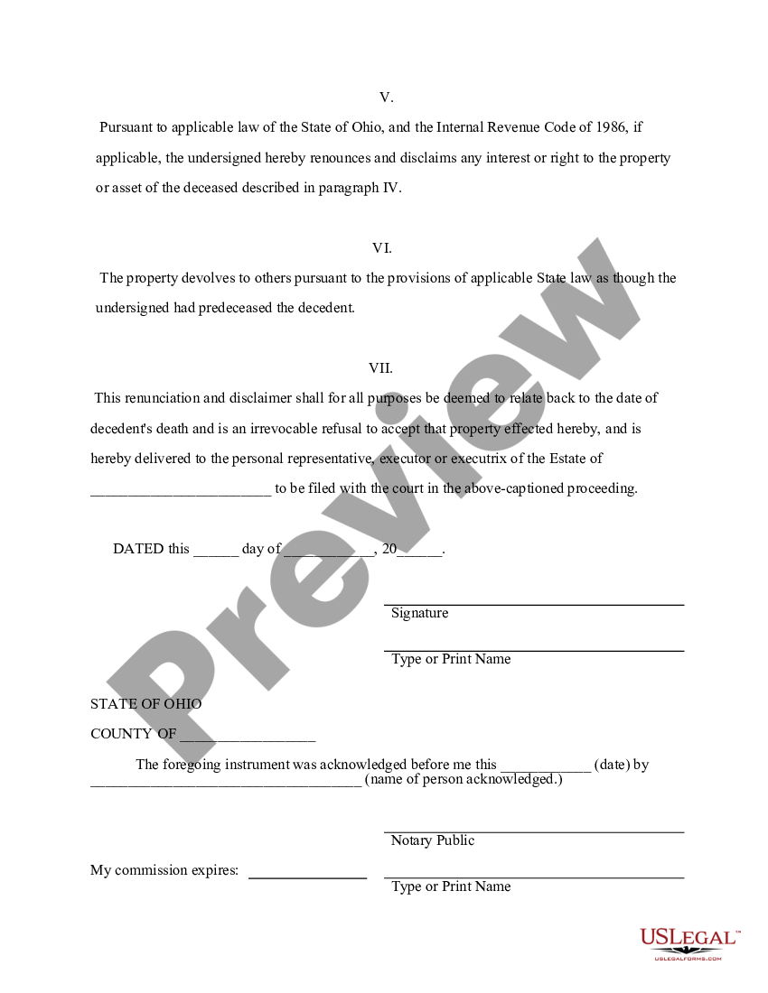 Ohio Renunciation And Disclaimer of Property from Will by Testate ...