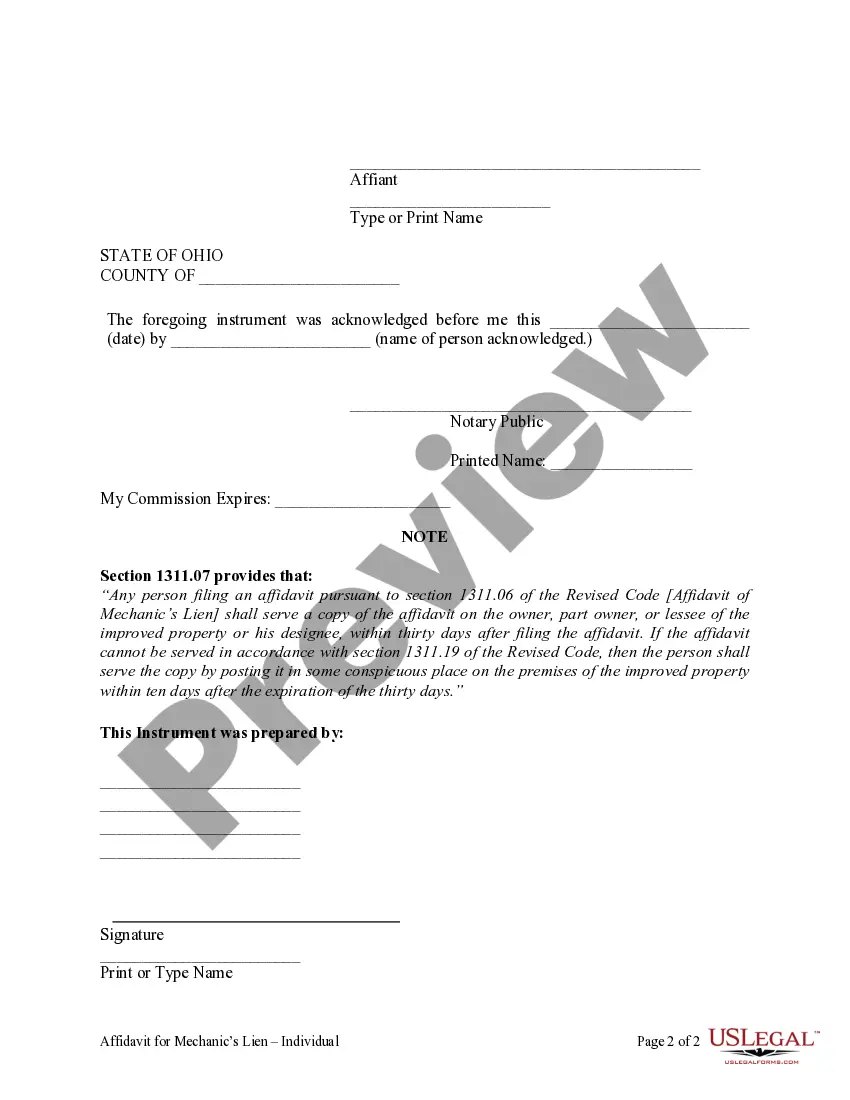 Preview Affidavit for Mechanic's Lien - Individual