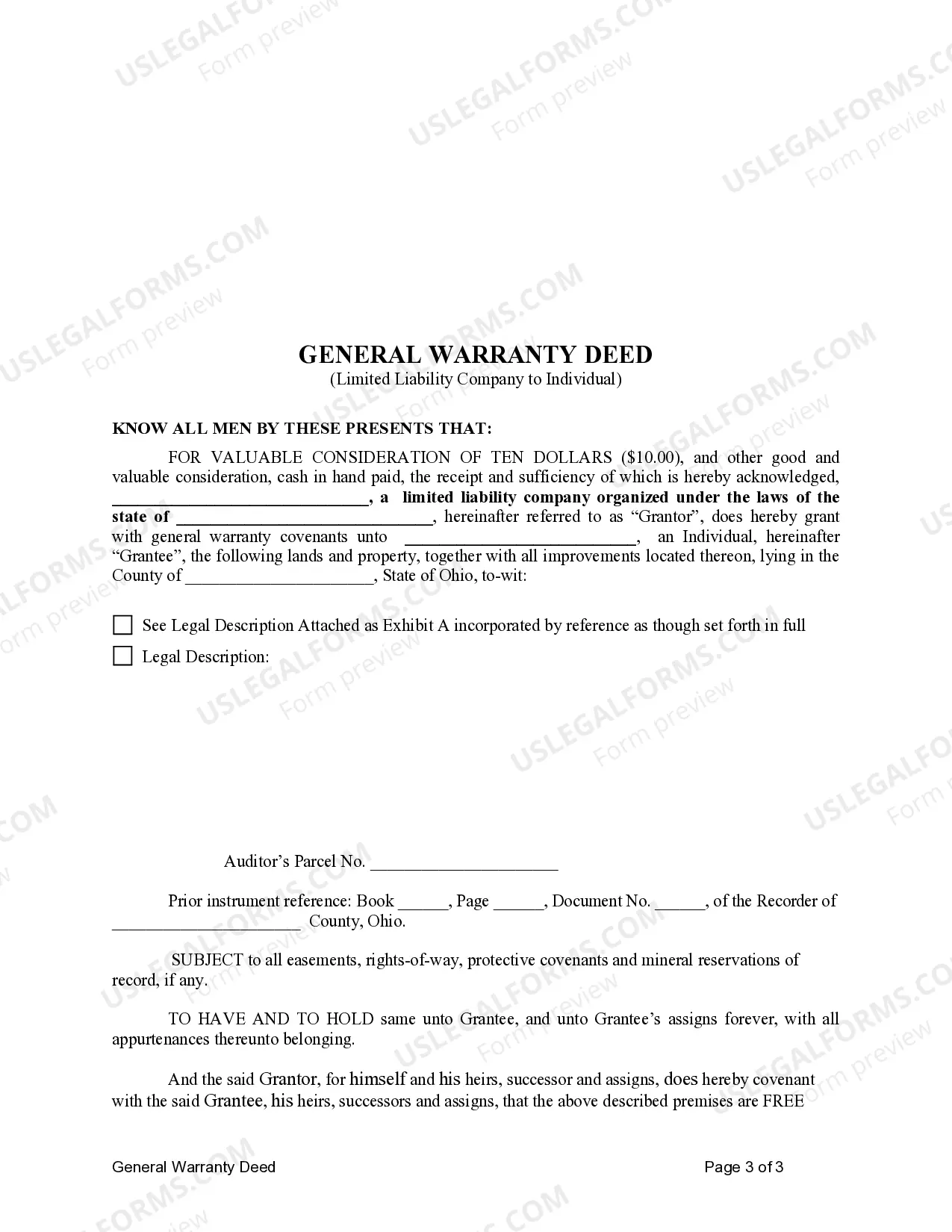 Preview General Warranty Deed - Limited Liability Company to an Individual