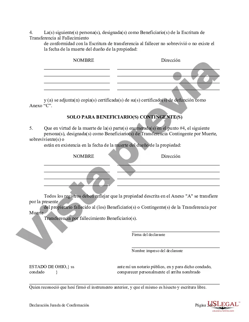 Preview Declaración jurada de confirmación que establece los beneficiarios de la transferencia en caso de muerte Declaración jurada de designación