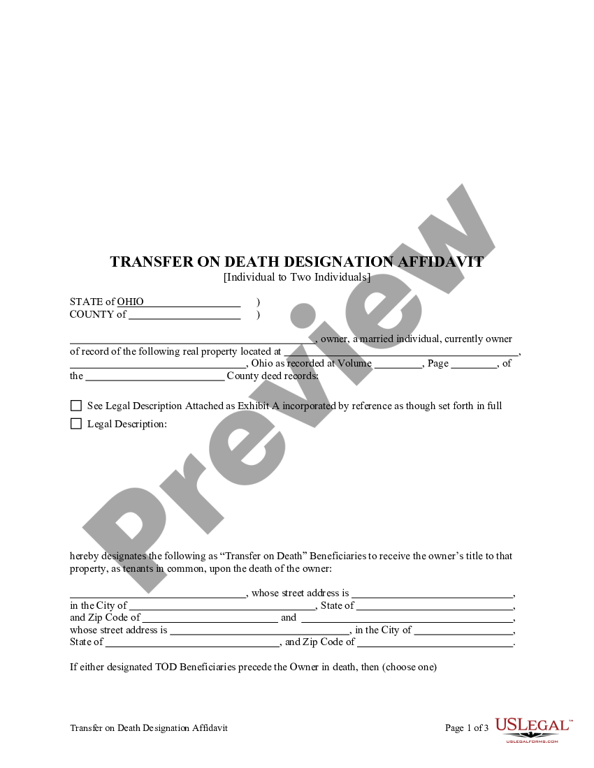 Toledo Ohio Transfer on Death Designation Affidavit Transfer On Death