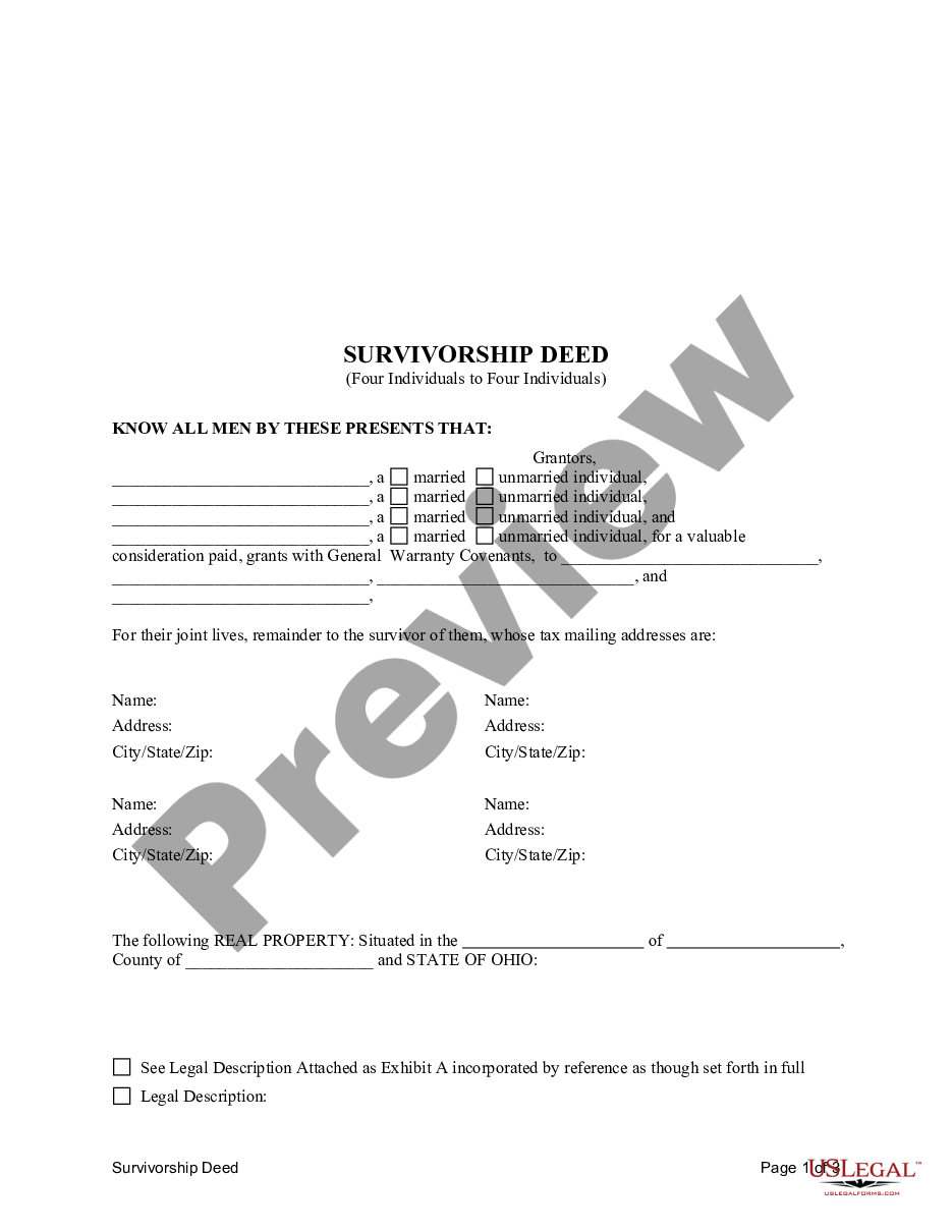 Ohio Survivorship Deed From Four Individuals To Four Individuals Ohio Survivorship Deed Form 4209