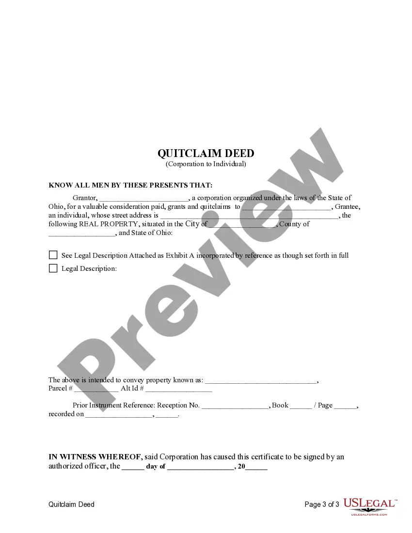 Preview Quitclaim Deed from a Corporation to an Individual
