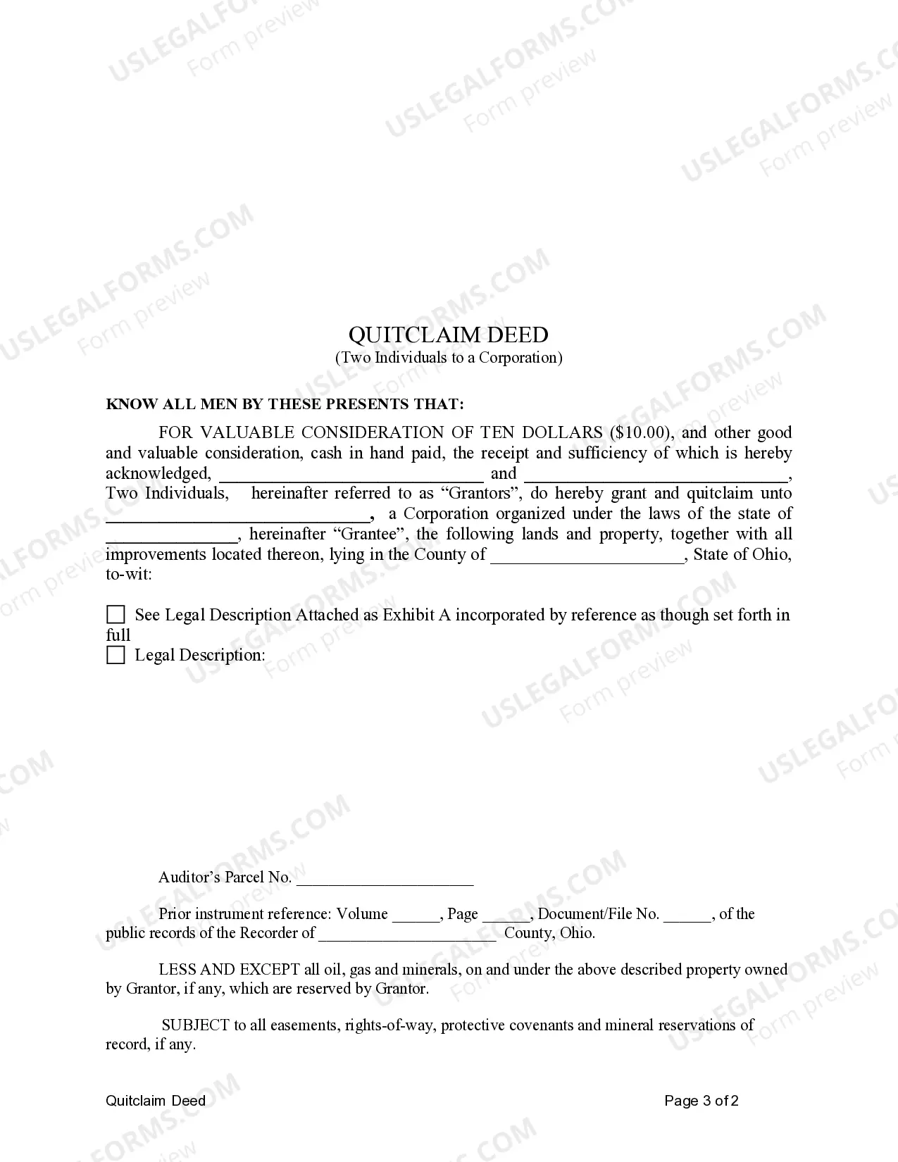 Preview Quitclaim Deed by Two Individuals to Corporation