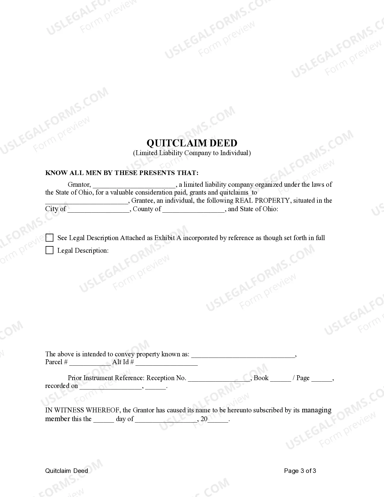 Preview Quitclaim Deed from a Limited Liability Company to an Individual