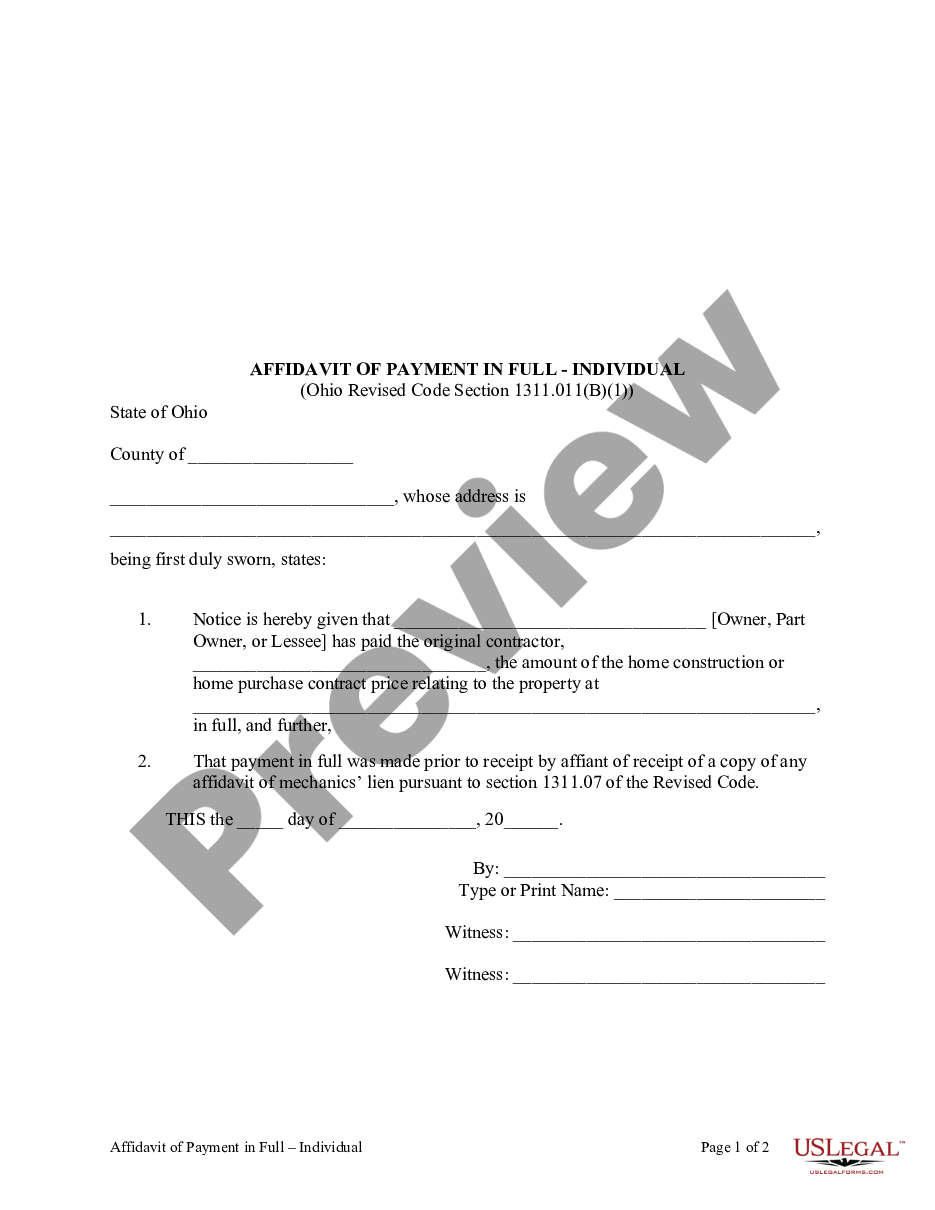Ohio Affidavit of Payment in Full Individual Affidavit Of Payment