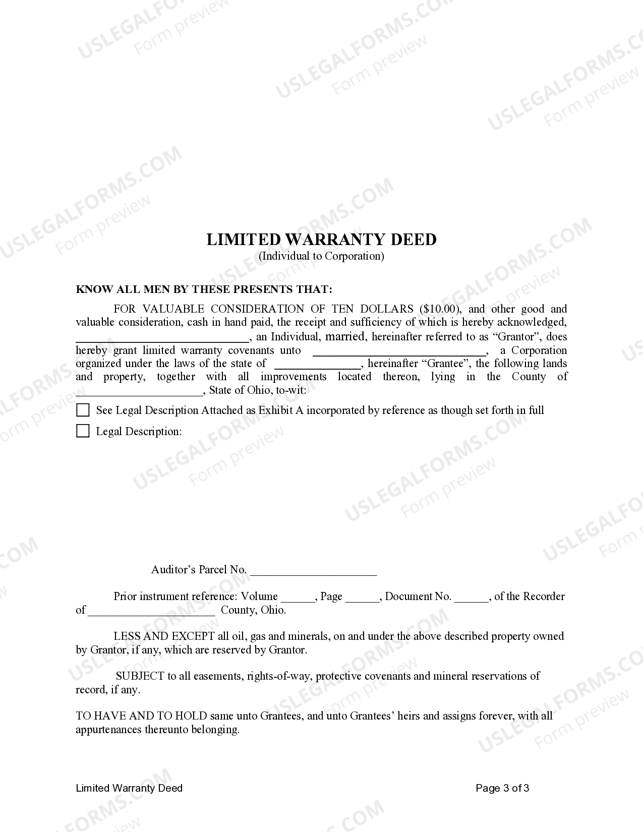 Ohio Limited Warranty Deed from Individual to Corporation Limited