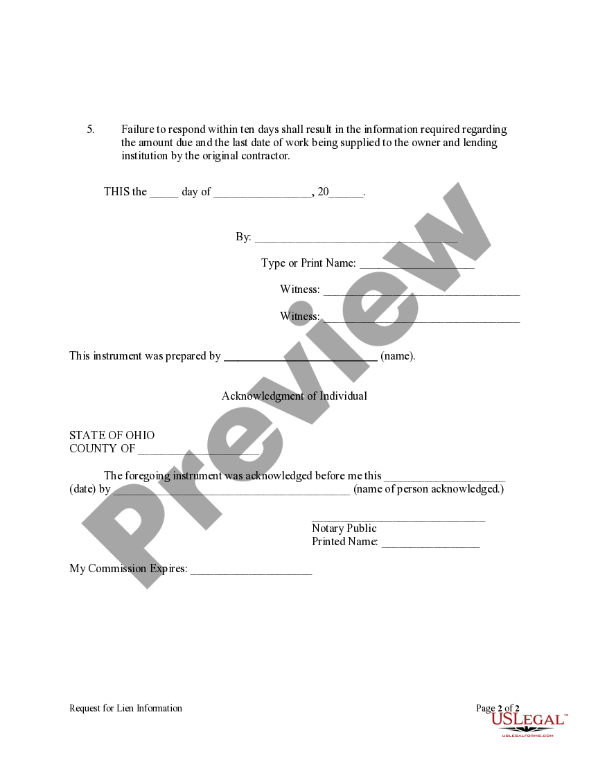 Ohio Request for Lien Information Individual US Legal Forms