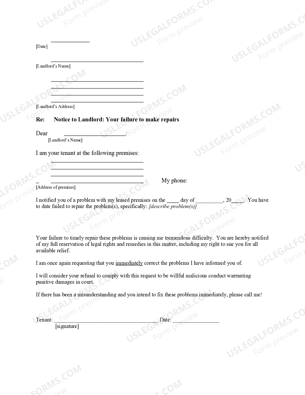 Ohio Letter from Tenant to Landlord about Landlord's failure to make