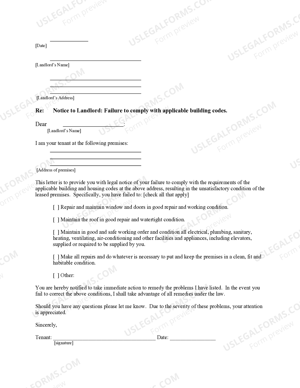 Ohio Letter from Tenant to Landlord for Failure of Landlord to comply ...