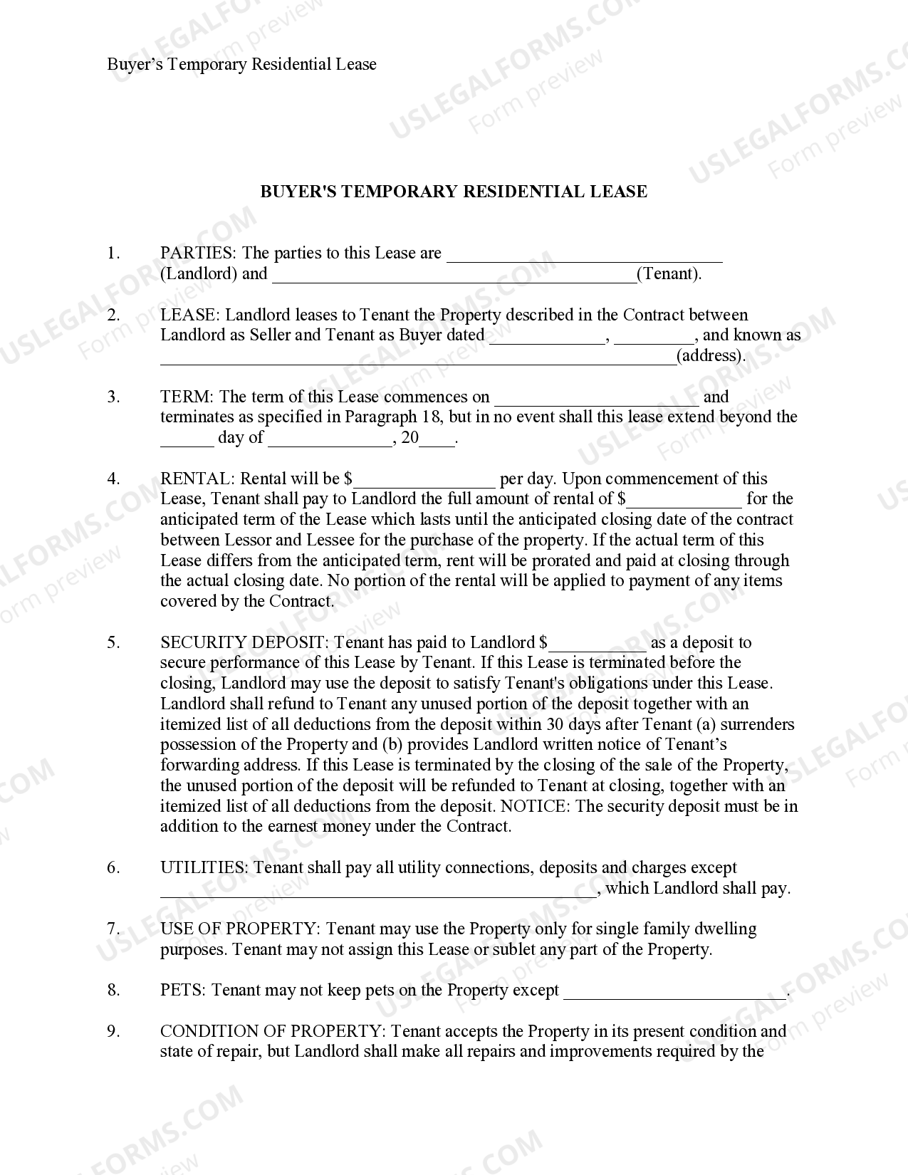 Ohio Temporary Lease Agreement to Prospective Buyer of Residence prior to  Closing