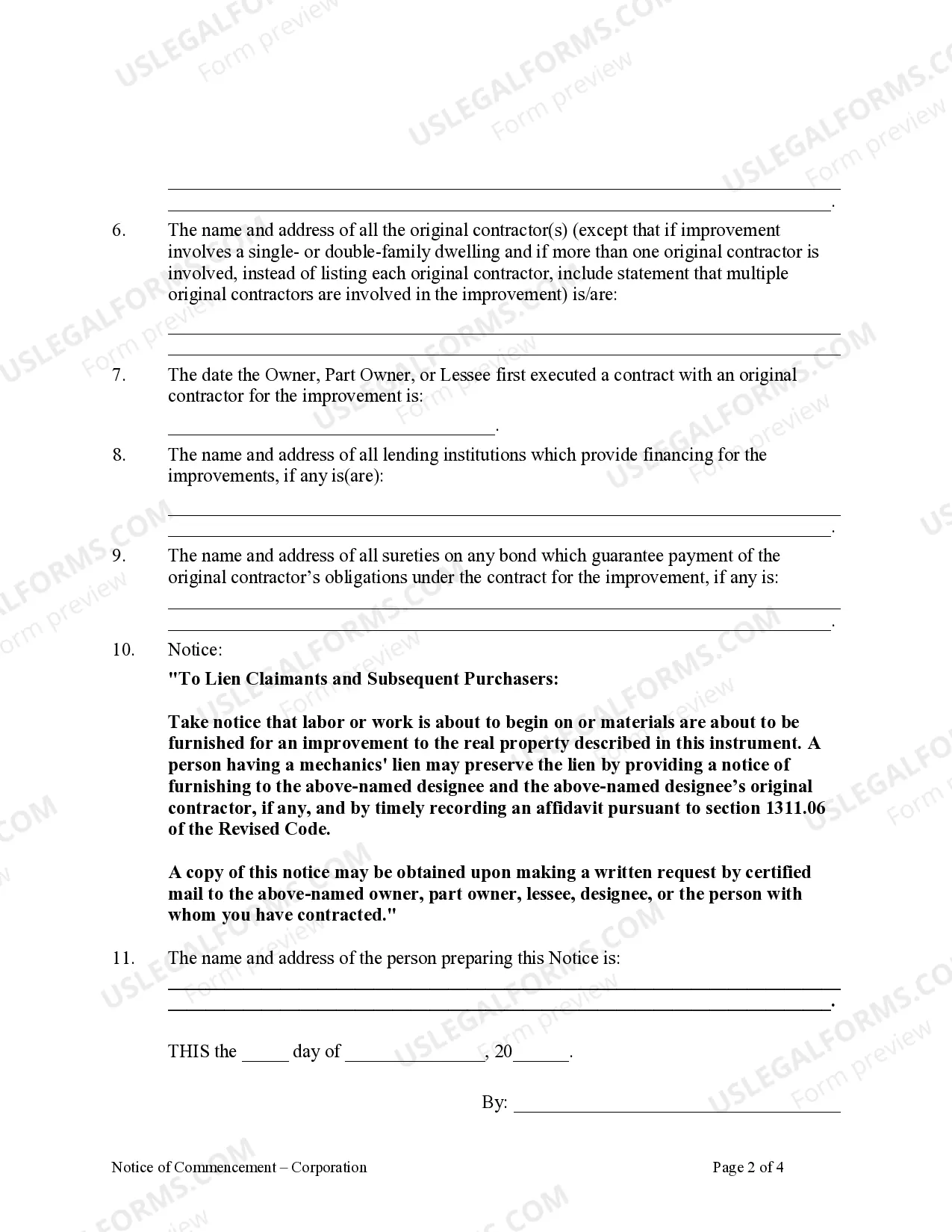 Preview Notice of Commencement - Corporation