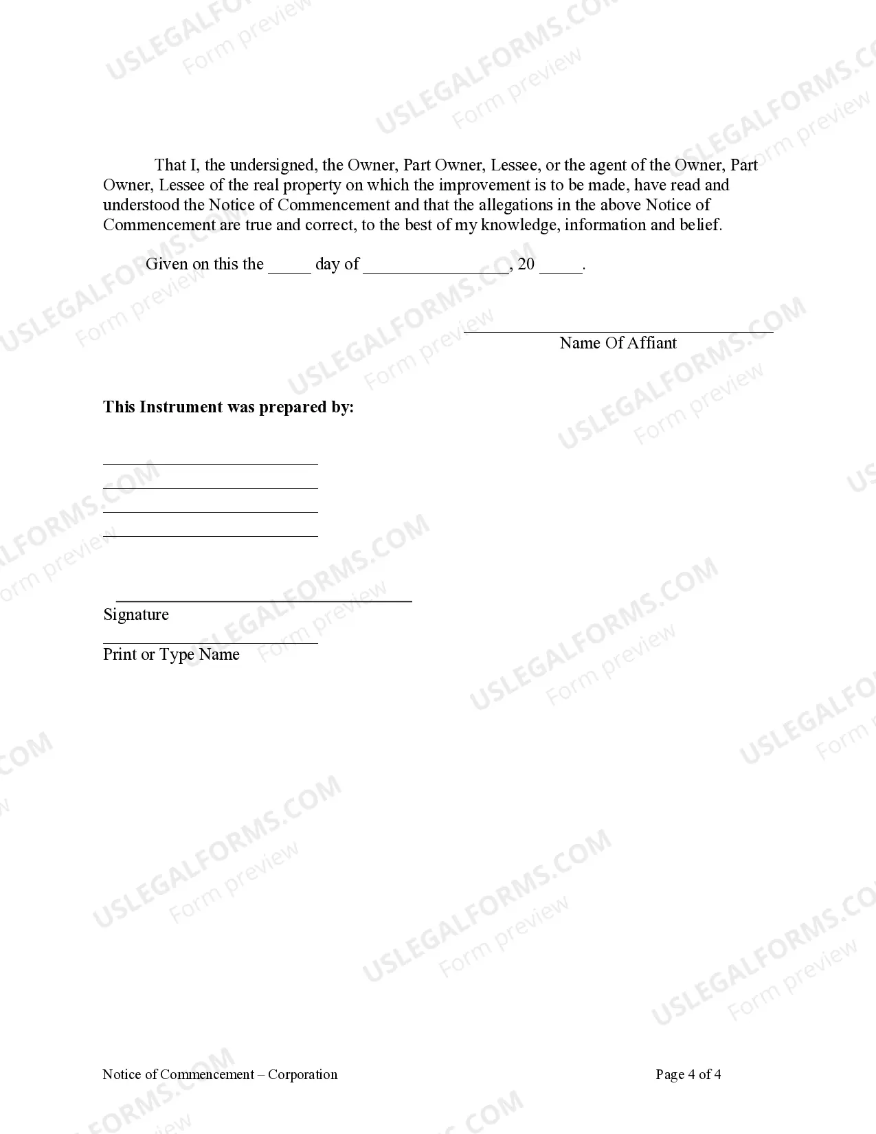 Preview Notice of Commencement - Corporation