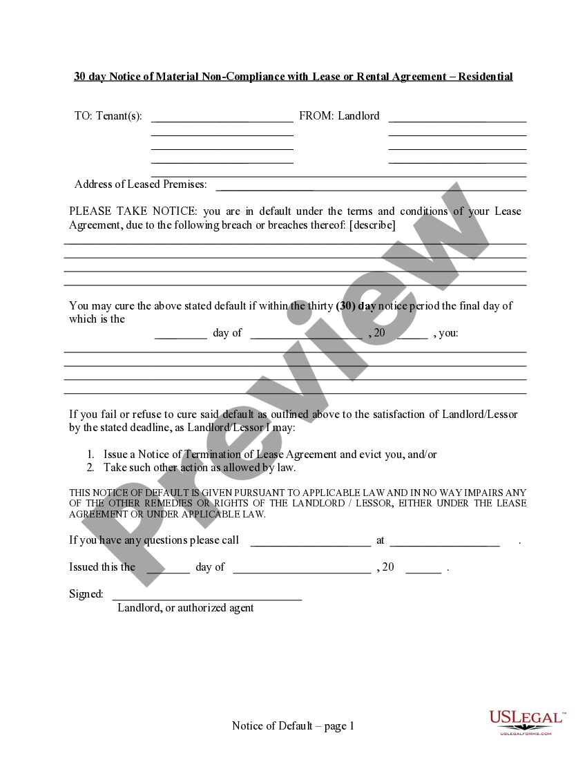 Ohio 30 day Notice of Material with Lease or Rental