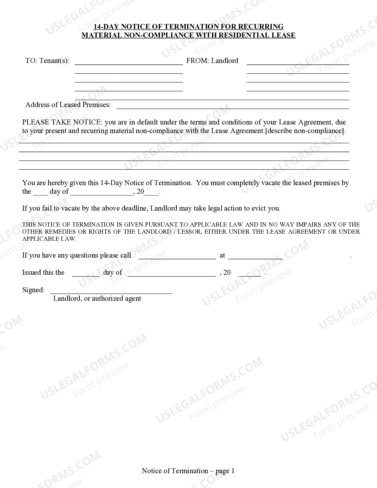 Ohio 14 Day Notice of Termination for Reoccurrence of Material  Noncompliance with Lease Agreement - 14 Day Notice Template | US Legal Forms