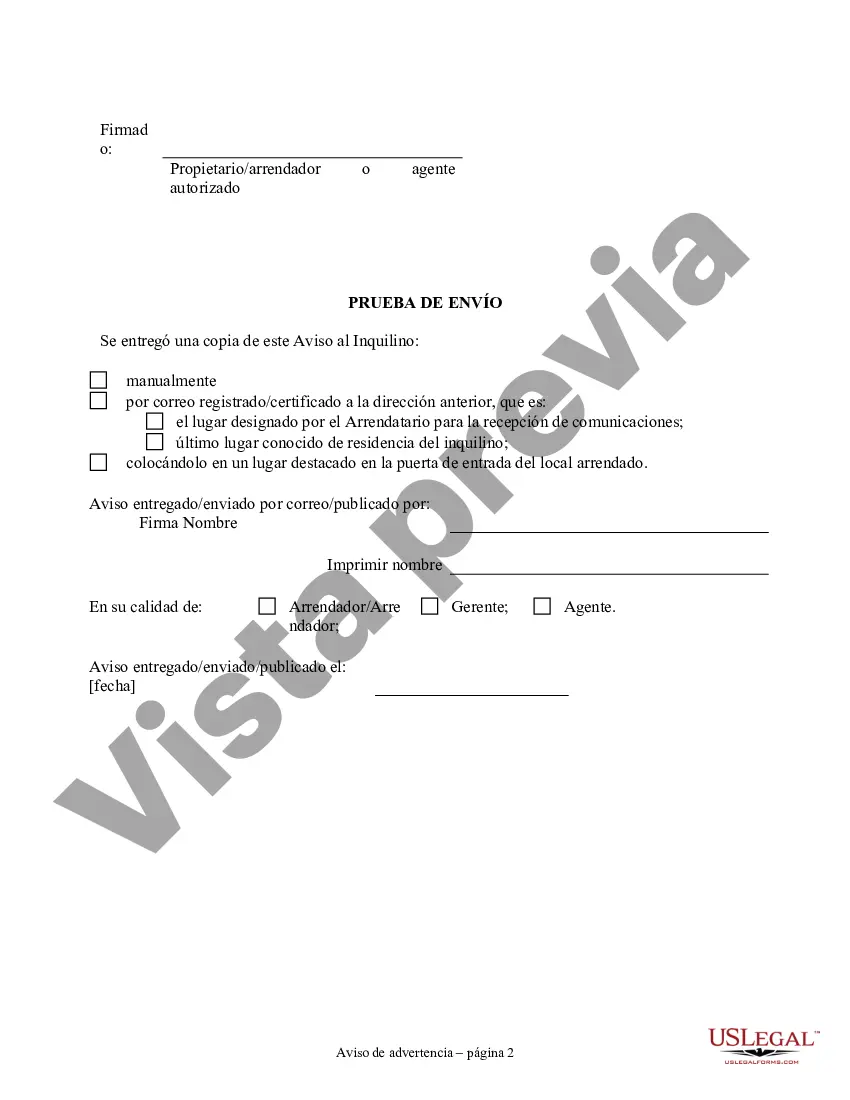 Preview Aviso de incumplimiento en el pago del alquiler como advertencia previa a la demanda de pago o rescisión de la propiedad residencial