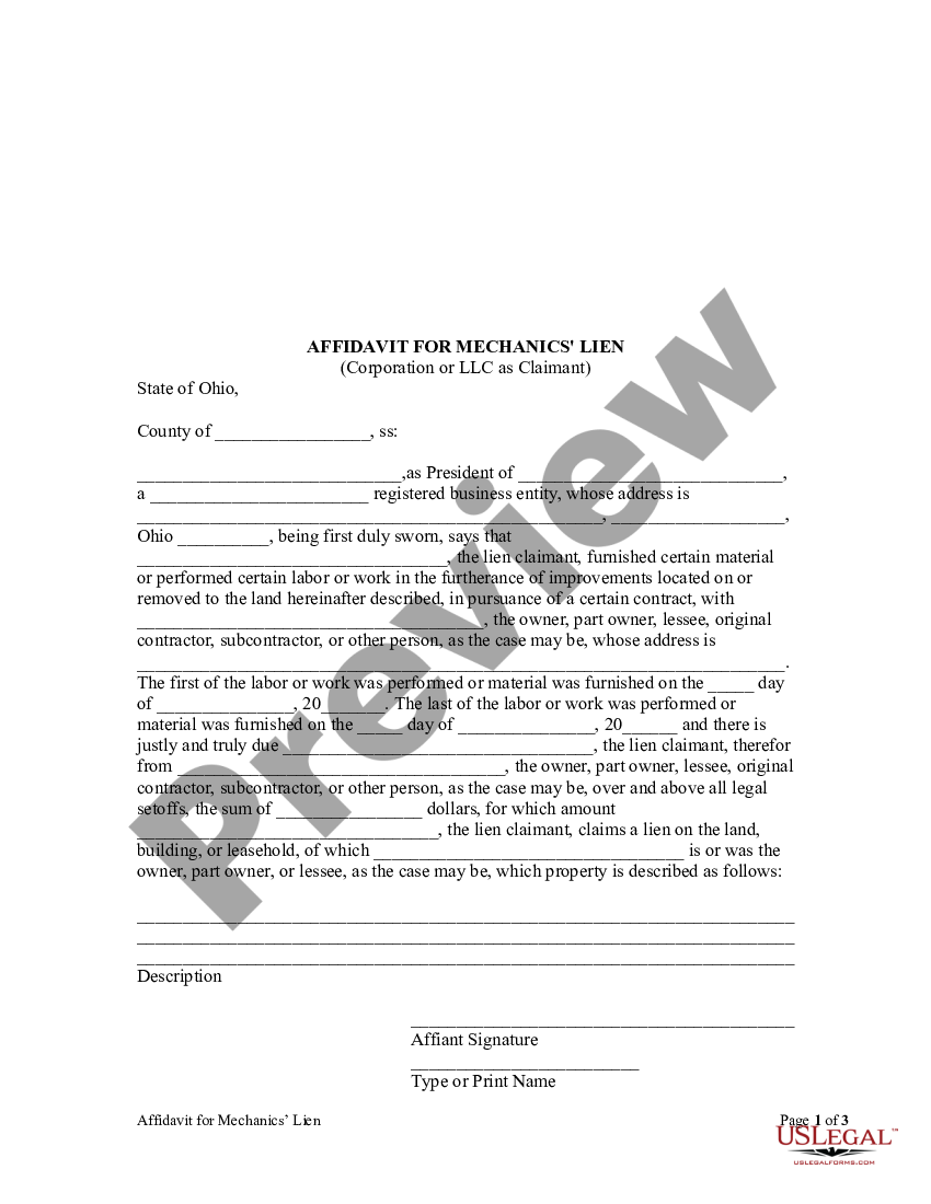 Cincinnati Ohio Affidavit for Mechanic's Lien Corporation US Legal