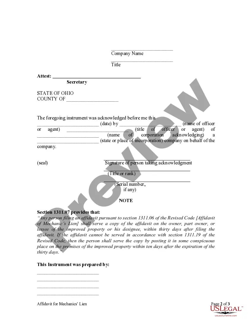 Preview Affidavit for Mechanic's Lien - Corporation