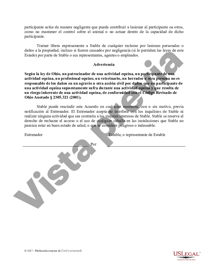 Preview Acuerdo de uso de las instalaciones del entrenador - Formularios equinos de caballos