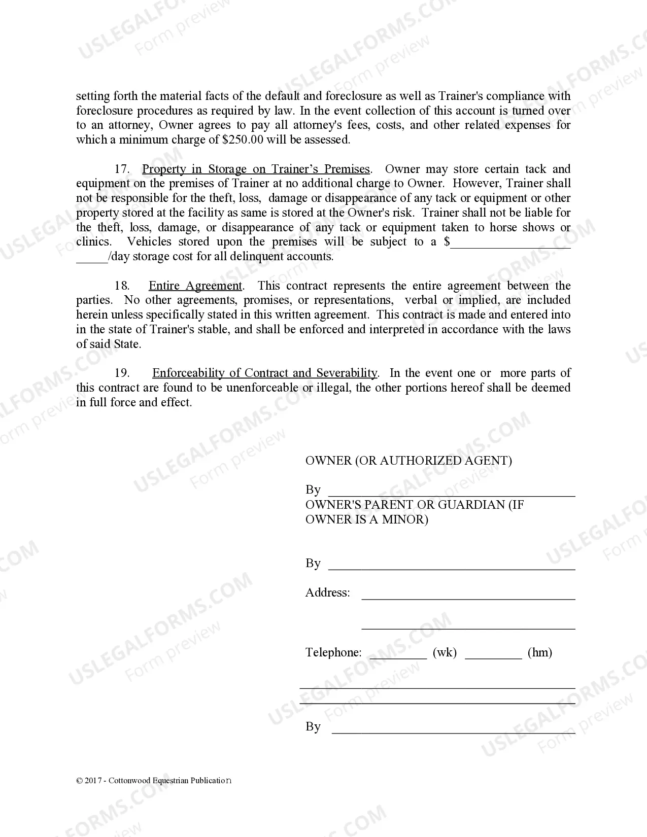 Preview Training Contract - Horse Equine Forms