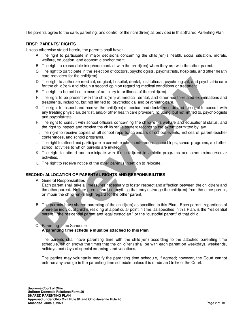 Ohio Shared Parenting Plan Shared Parenting Plan Ohio US Legal Forms