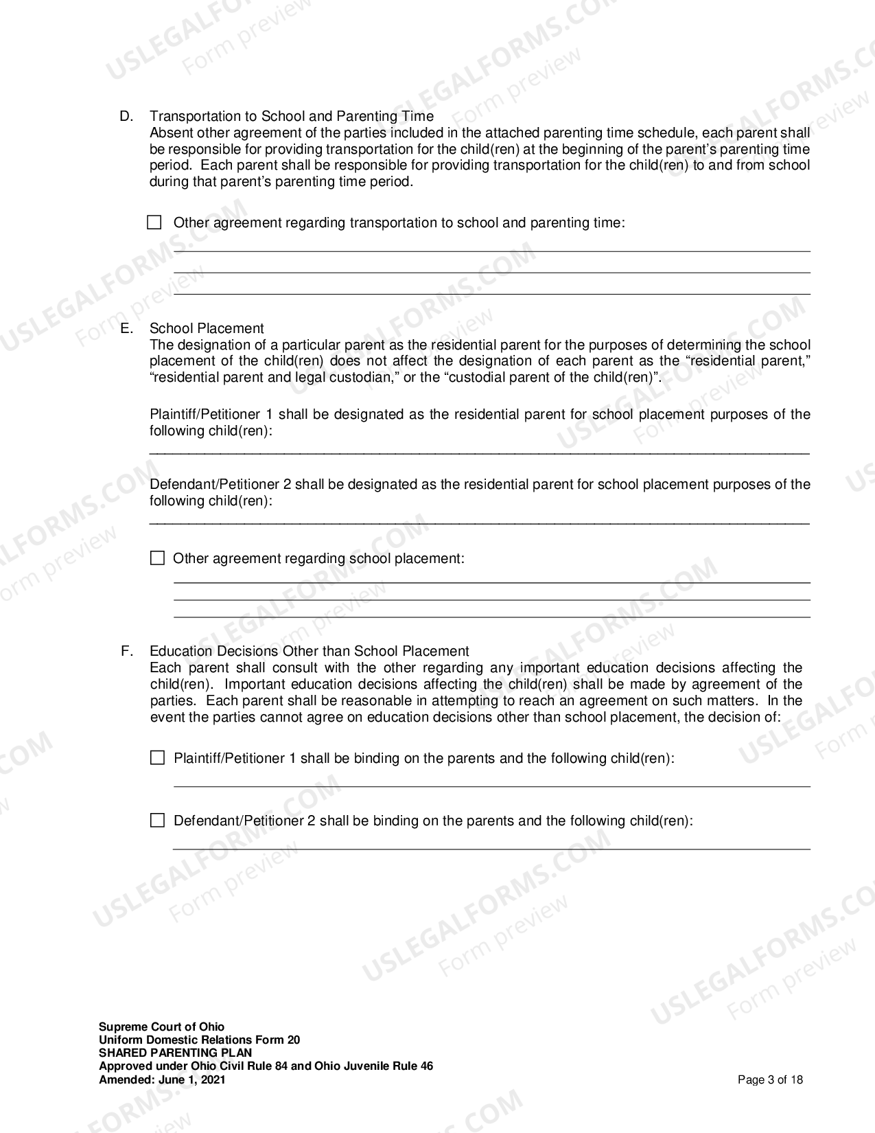 Ohio Shared Parenting Plan - Shared Parenting Agreement | US Legal Forms