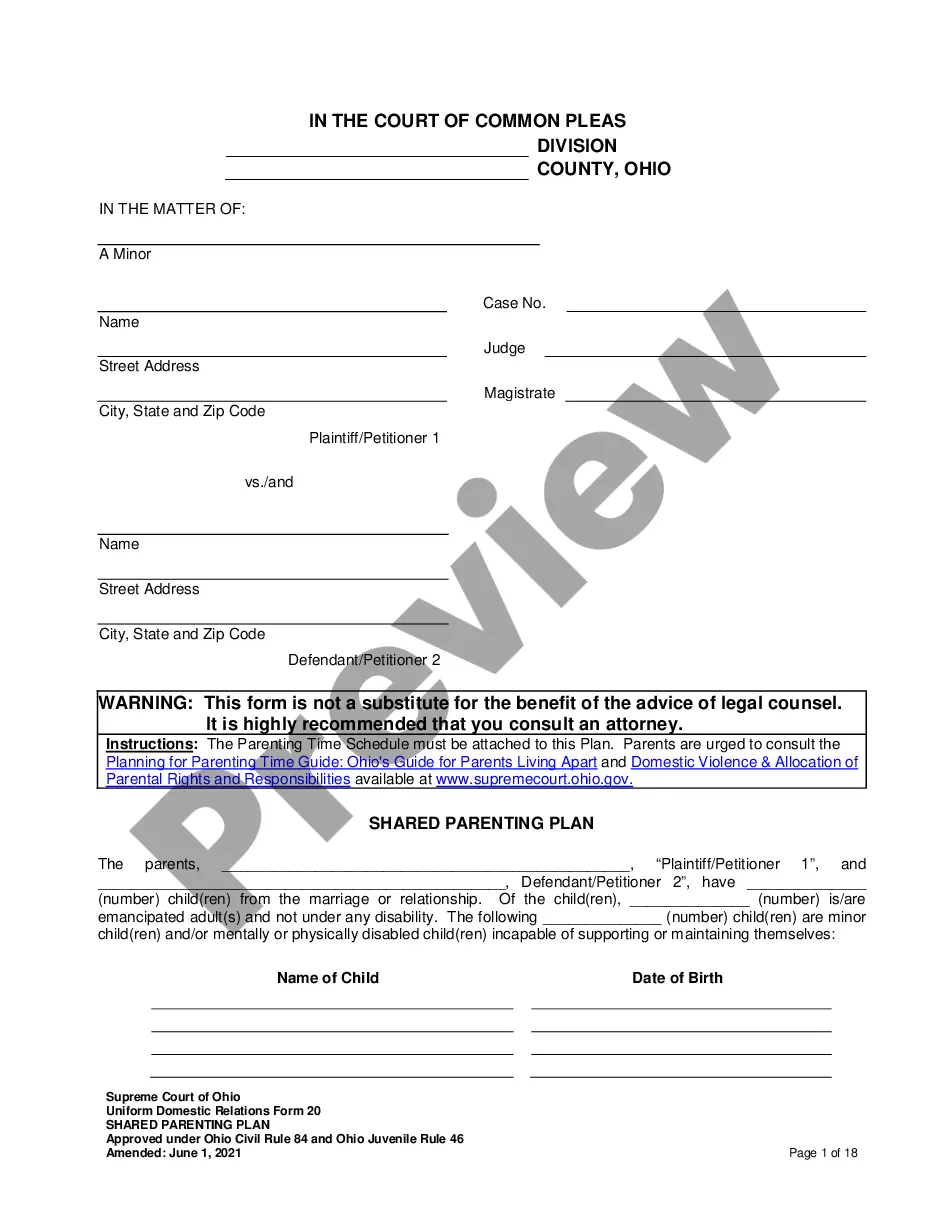 Ohio Shared Parenting Plan Form US Legal Forms