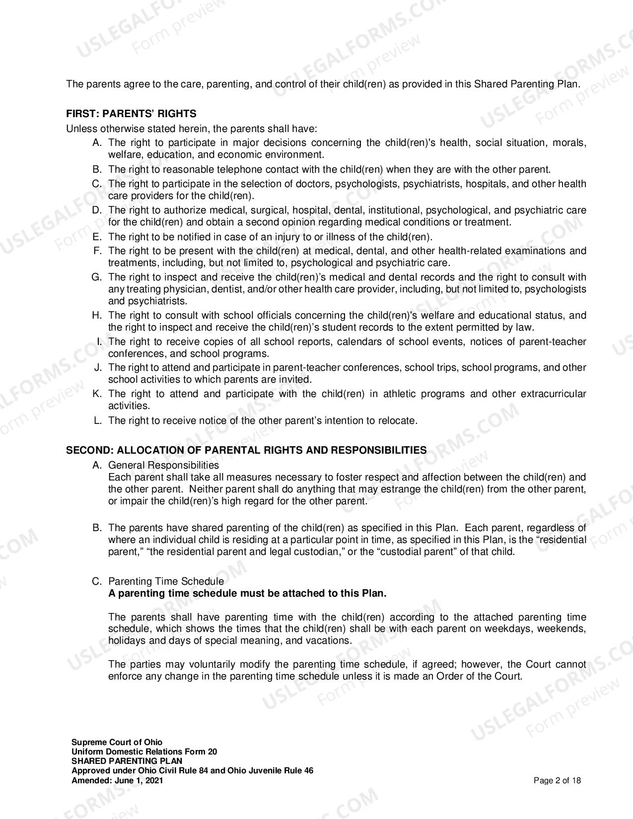 Preview Shared Parenting Plan