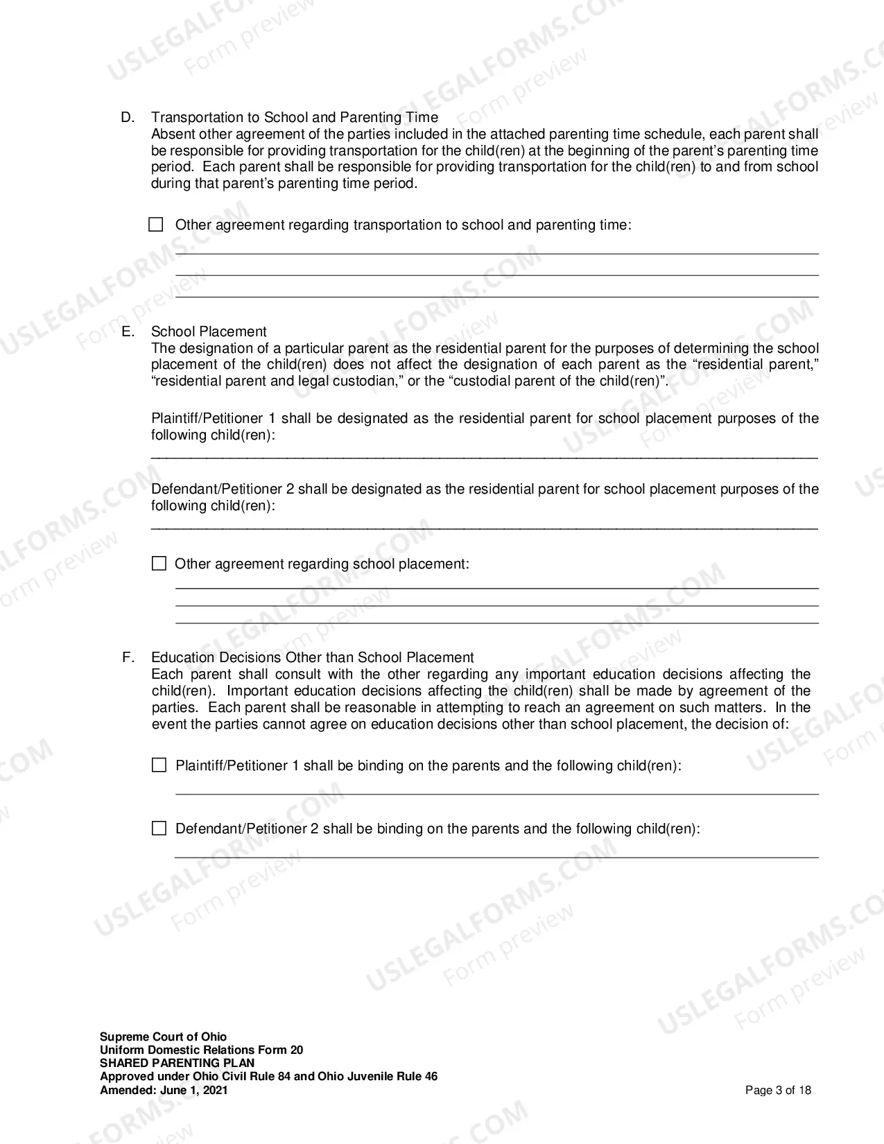 Preview Shared Parenting Plan