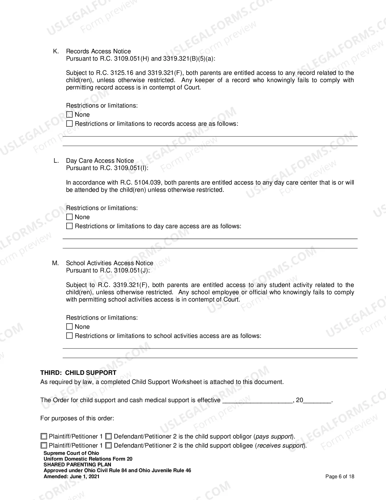 Preview Shared Parenting Plan
