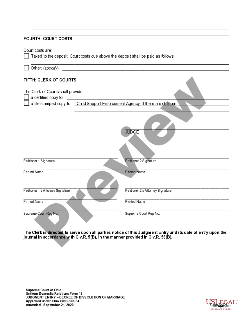 Ohio Judgment Entry of Dissolution of Marriage with No Children