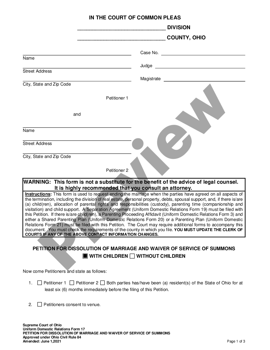 ohio petition for dissolution of marriage with minor