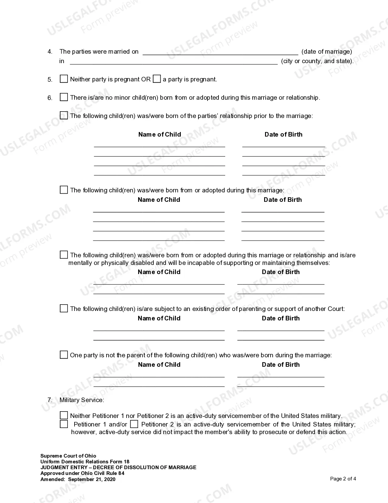 Preview Judgment Entry of Dissolution of Marriage