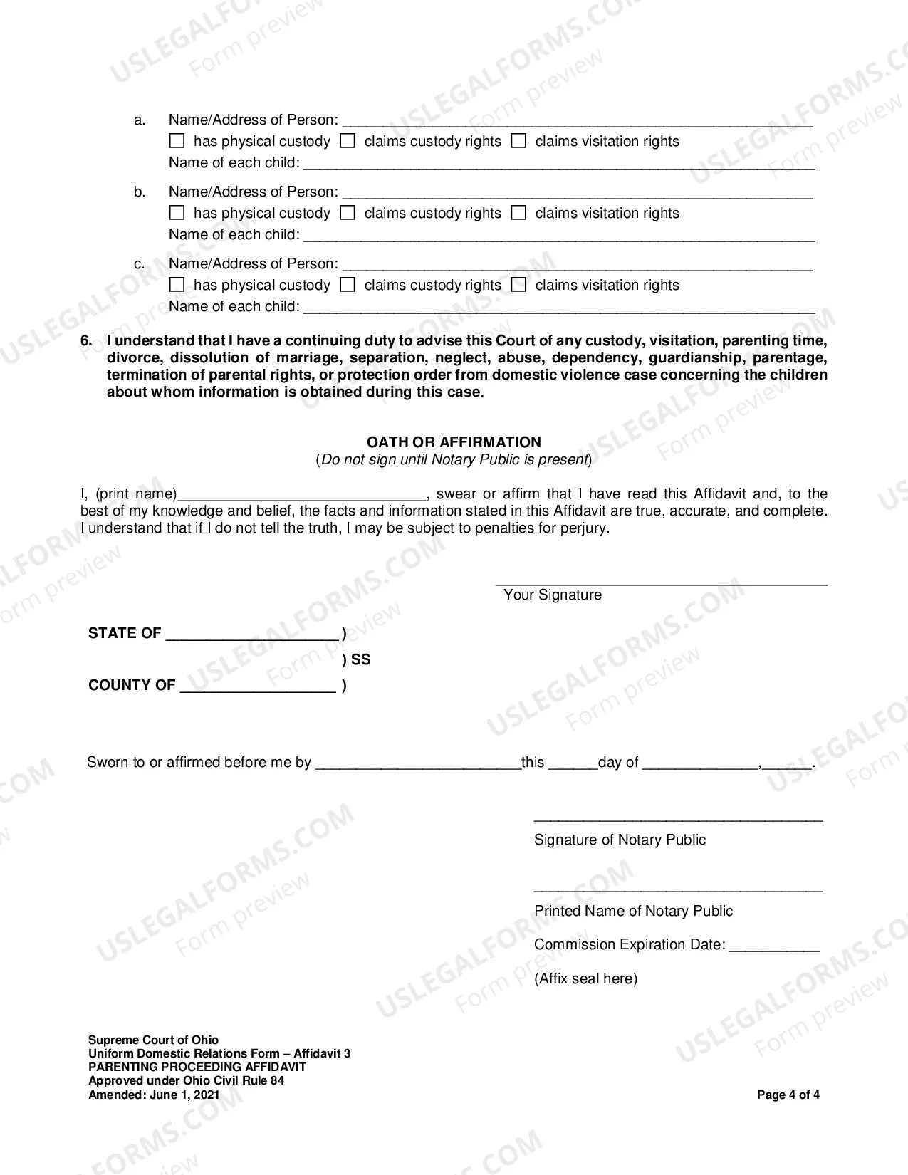 Preview Parenting Proceeding Affidavit R.C. 3127.23(A)