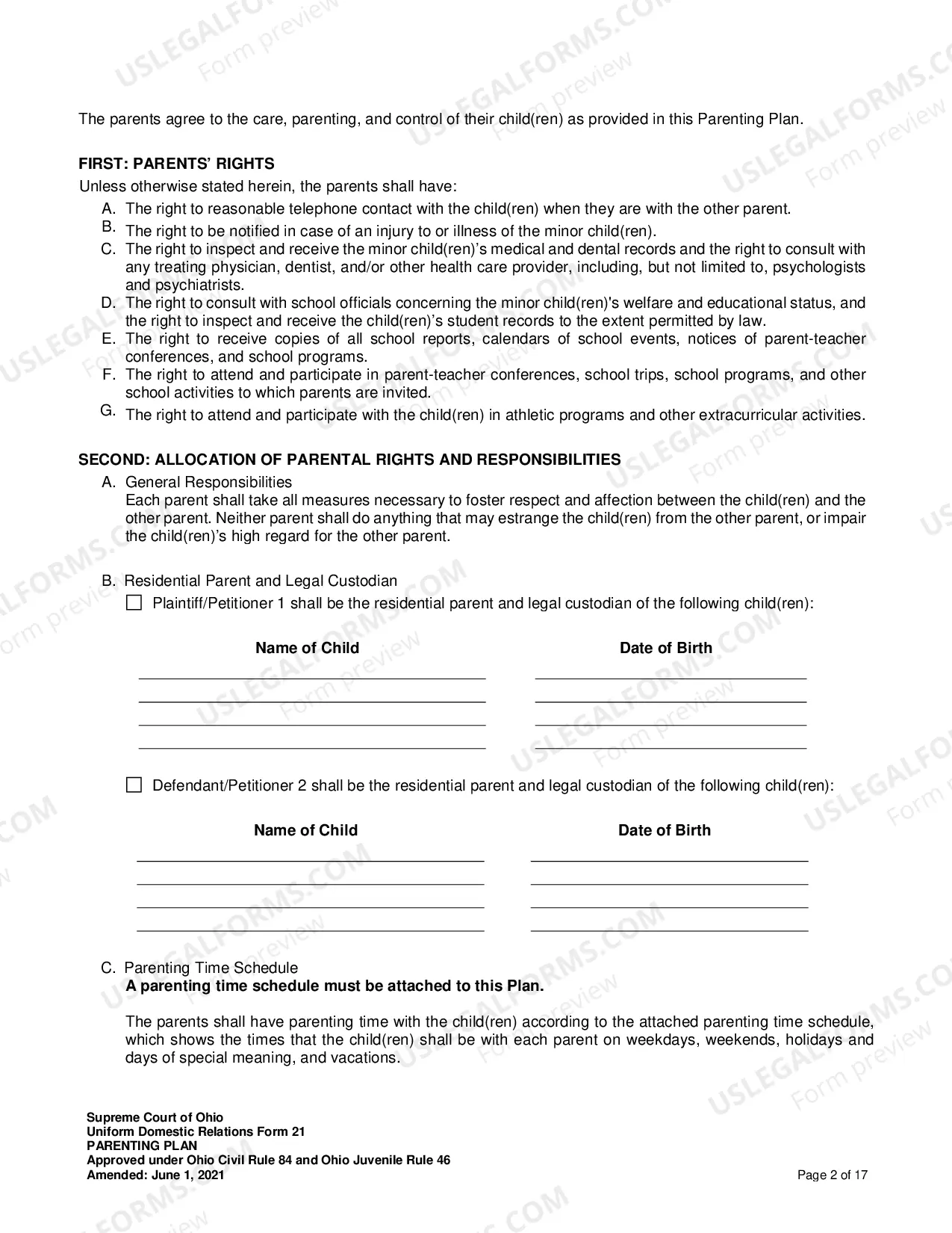 Preview Shared Parenting Plan