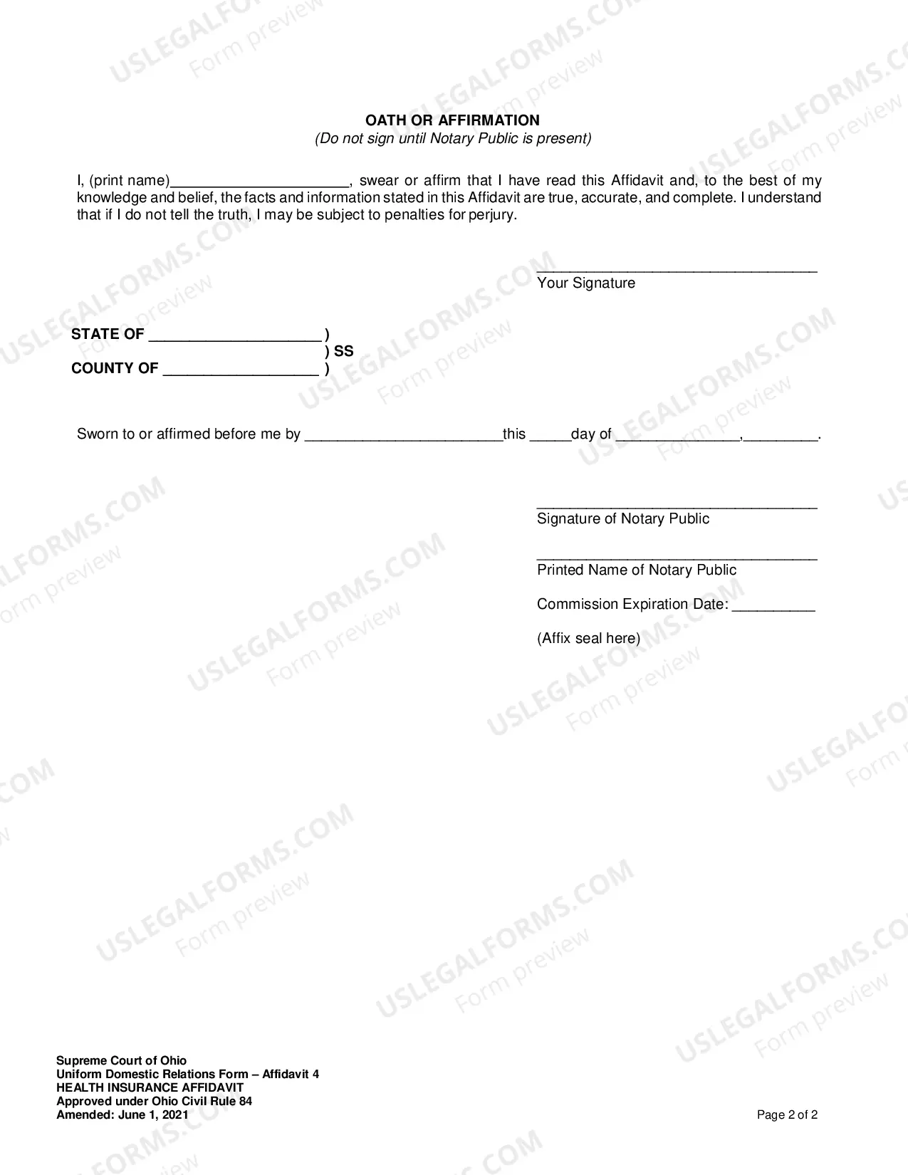 Preview Health Insurance Affidavit