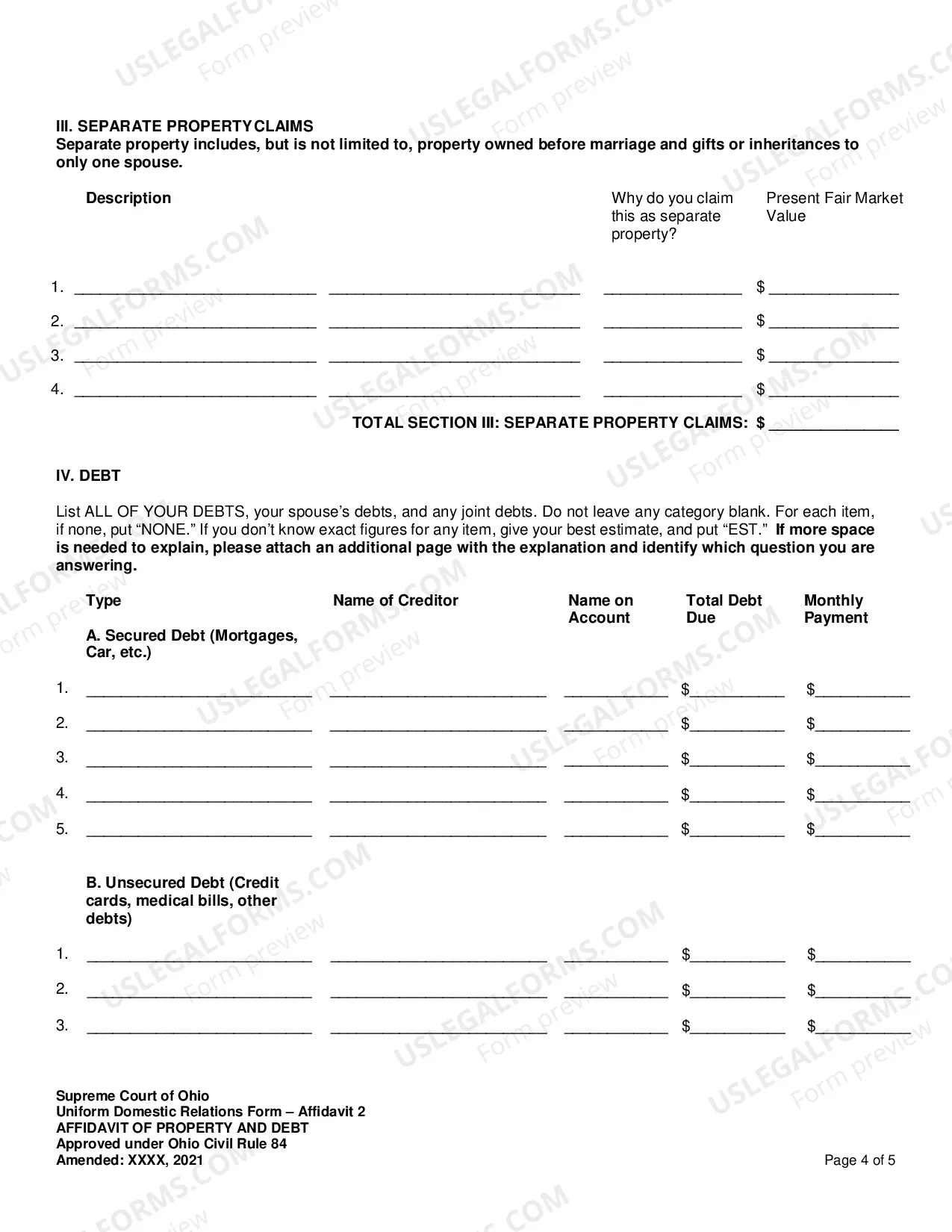 Preview Affidavit of Property and Debt
