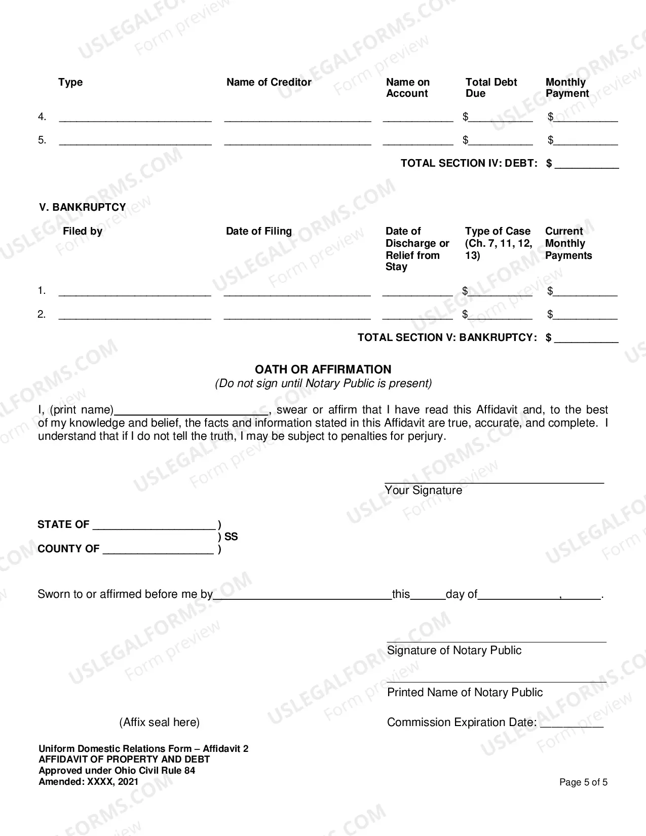 Preview Affidavit of Property and Debt