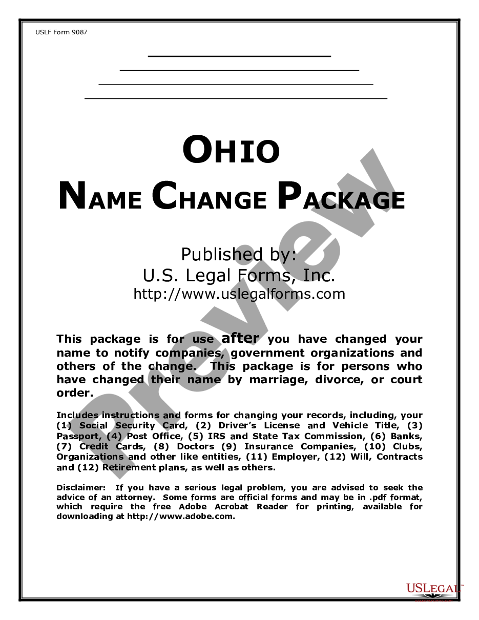 page 0 Name Change Notification Package for Brides, Court Ordered Name Change, Divorced, Marriage for Ohio preview