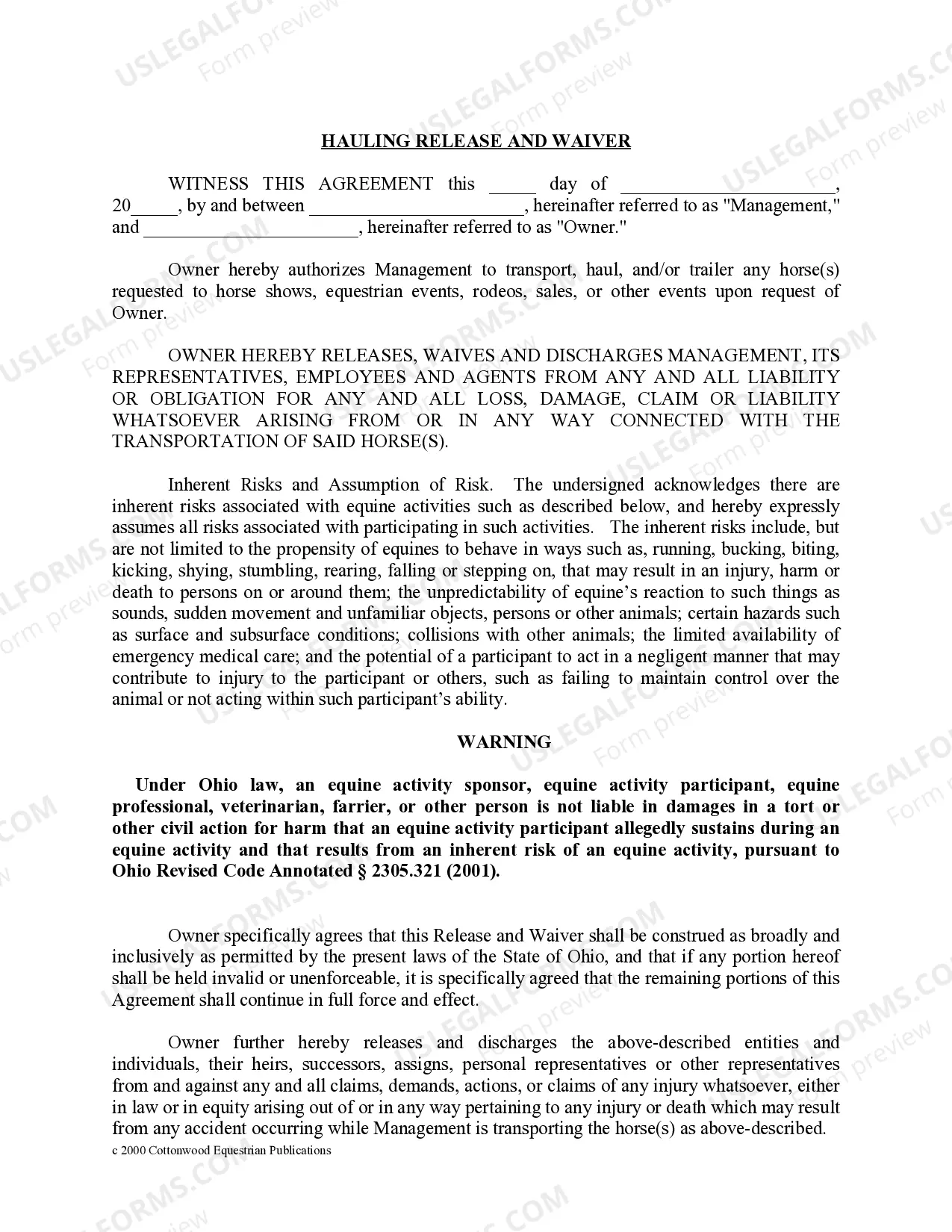 Preview Ohio Horse Equine Forms Package