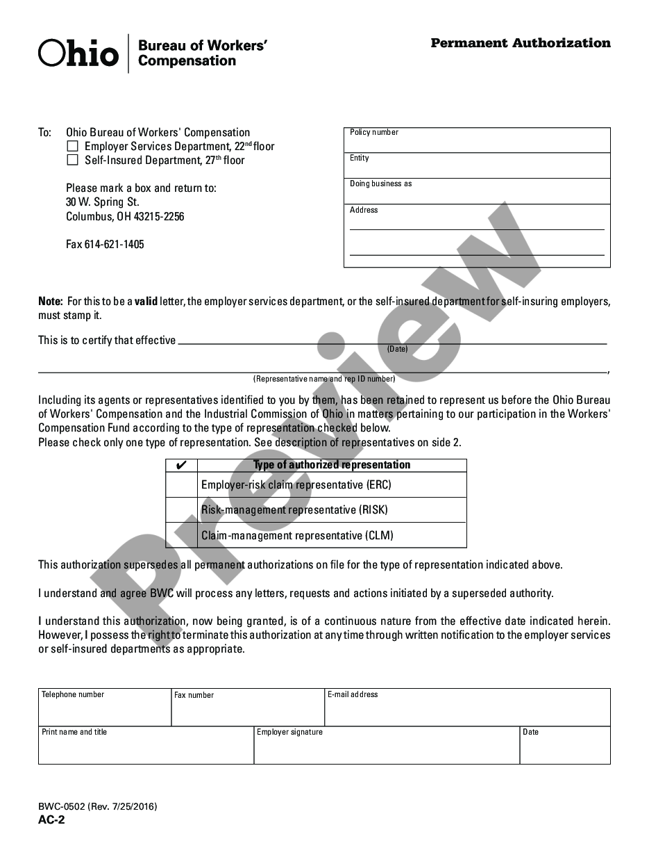 page 0 Permanent Authorization for Representation for Workers' Compensation preview