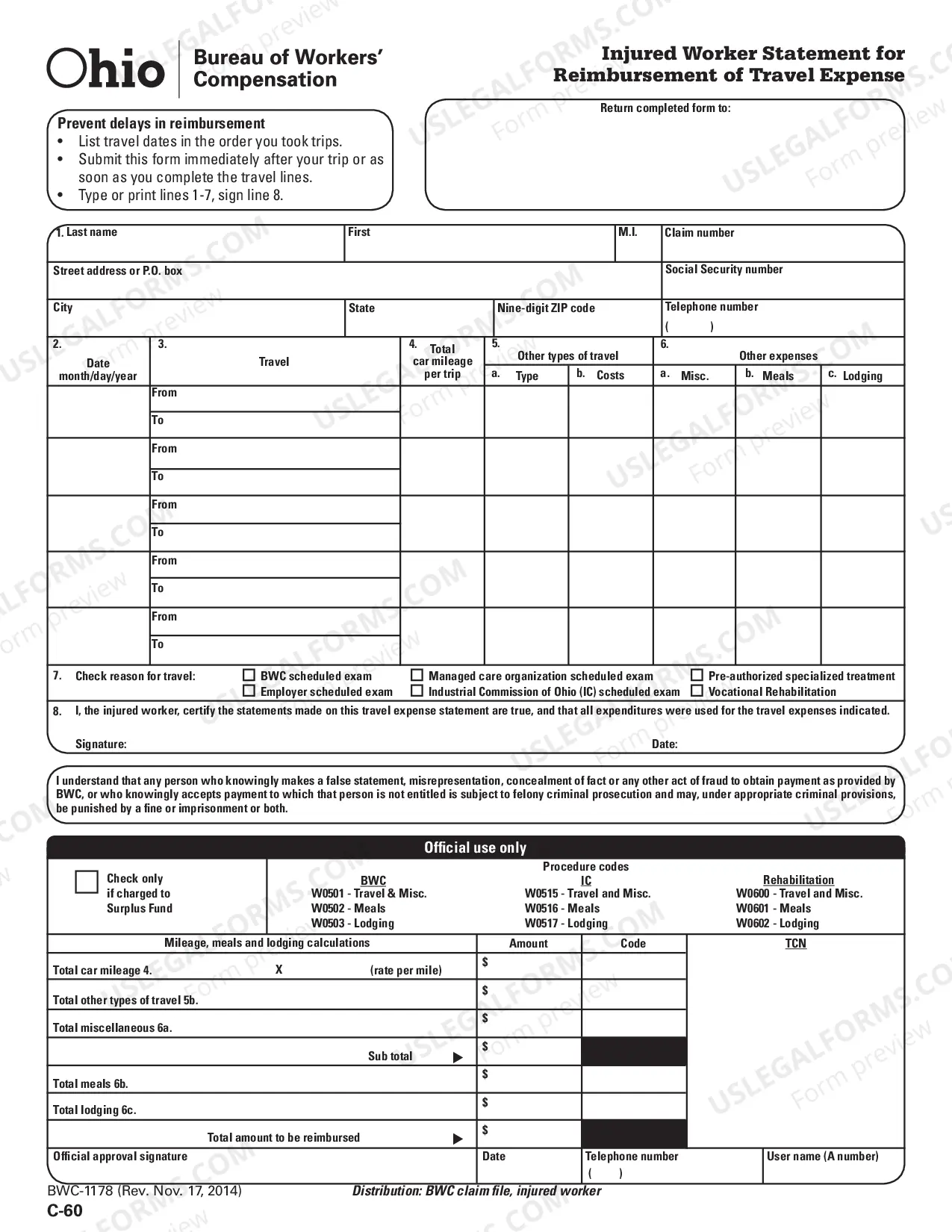 Preview Injured Worker Statement for Reimbursement of Travel Expense for Workers' Compensation
