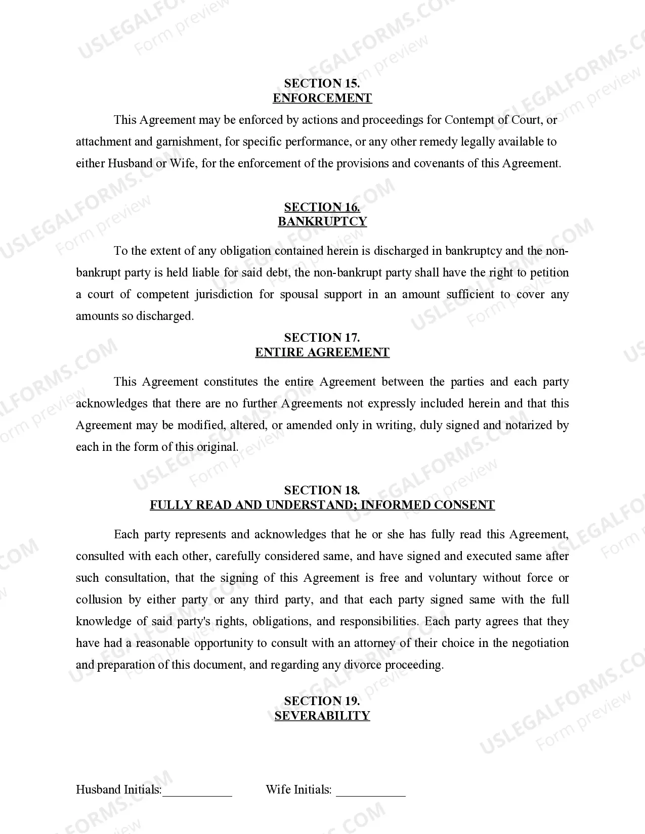 Preview Marital Domestic Separation and Property Settlement Agreement for persons with No Children, No Joint Property or Debts where Divorce Action Filed