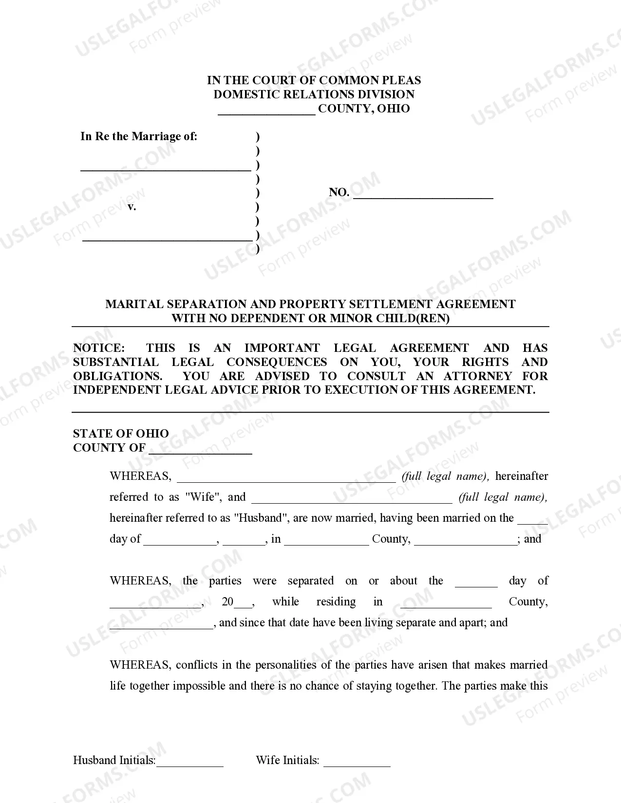 Preview Marital Domestic Separation and Property Settlement Agreement for persons with No Children, No Joint Property or Debts where Divorce Action Filed