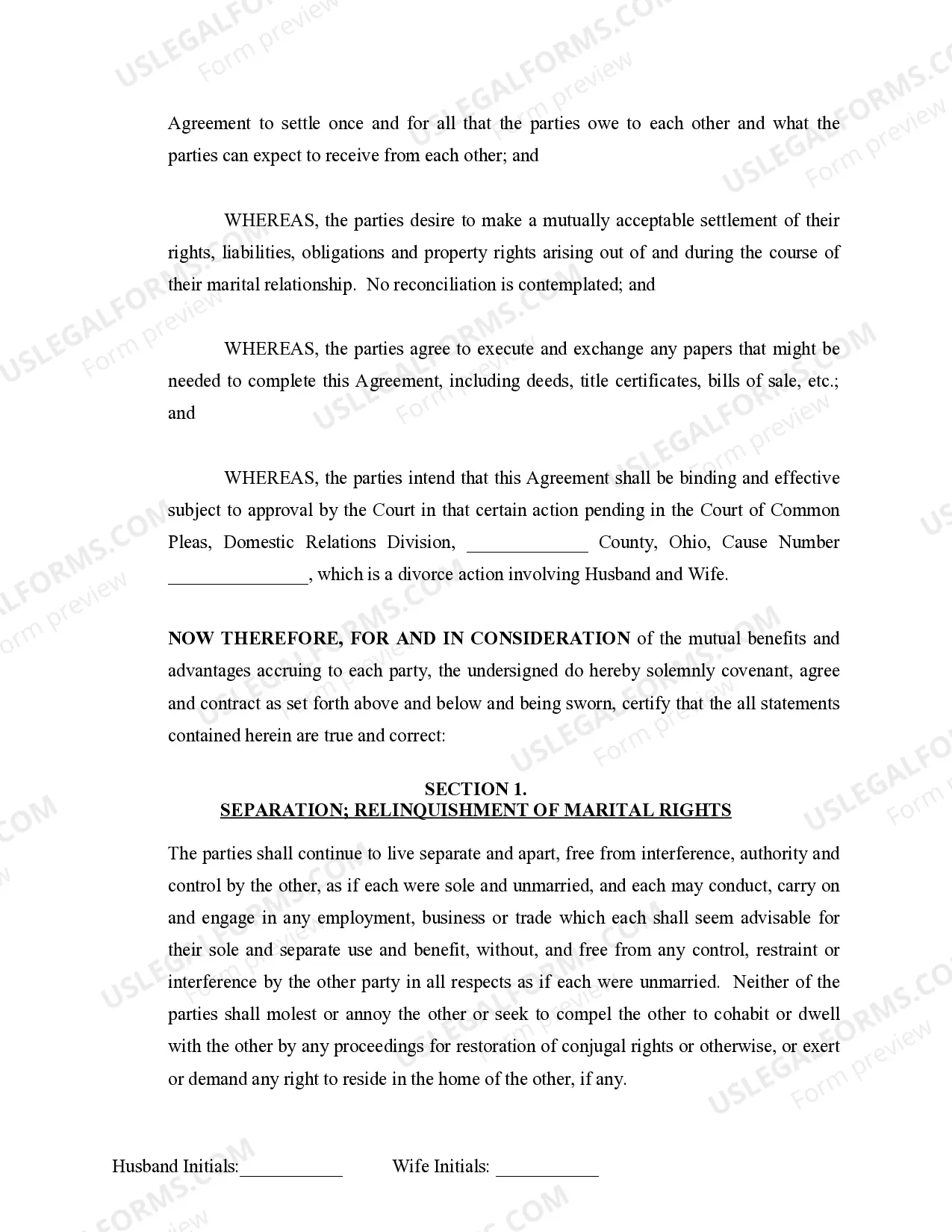 Preview Marital Domestic Separation and Property Settlement Agreement for persons with No Children, No Joint Property or Debts where Divorce Action Filed