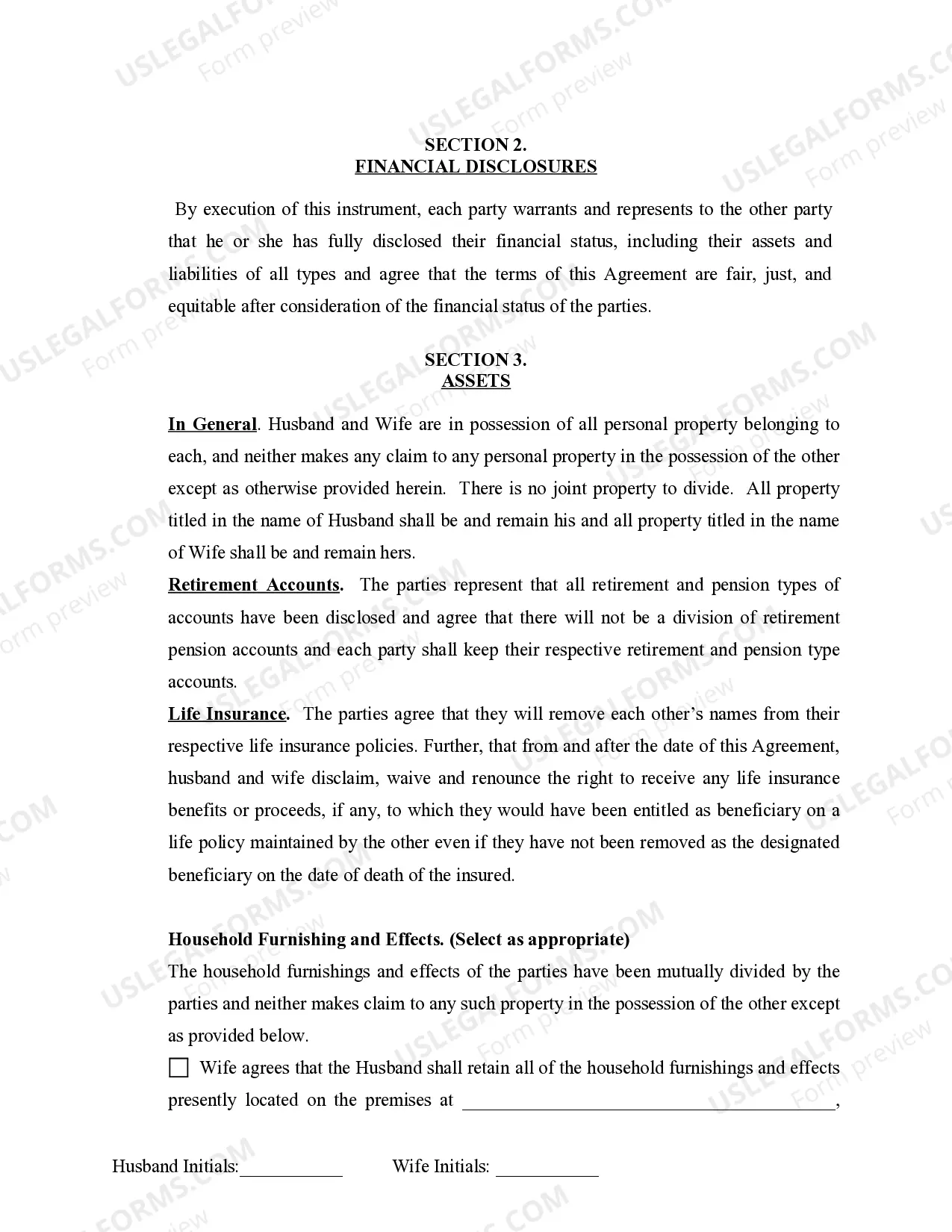Preview Marital Domestic Separation and Property Settlement Agreement for persons with No Children, No Joint Property or Debts where Divorce Action Filed
