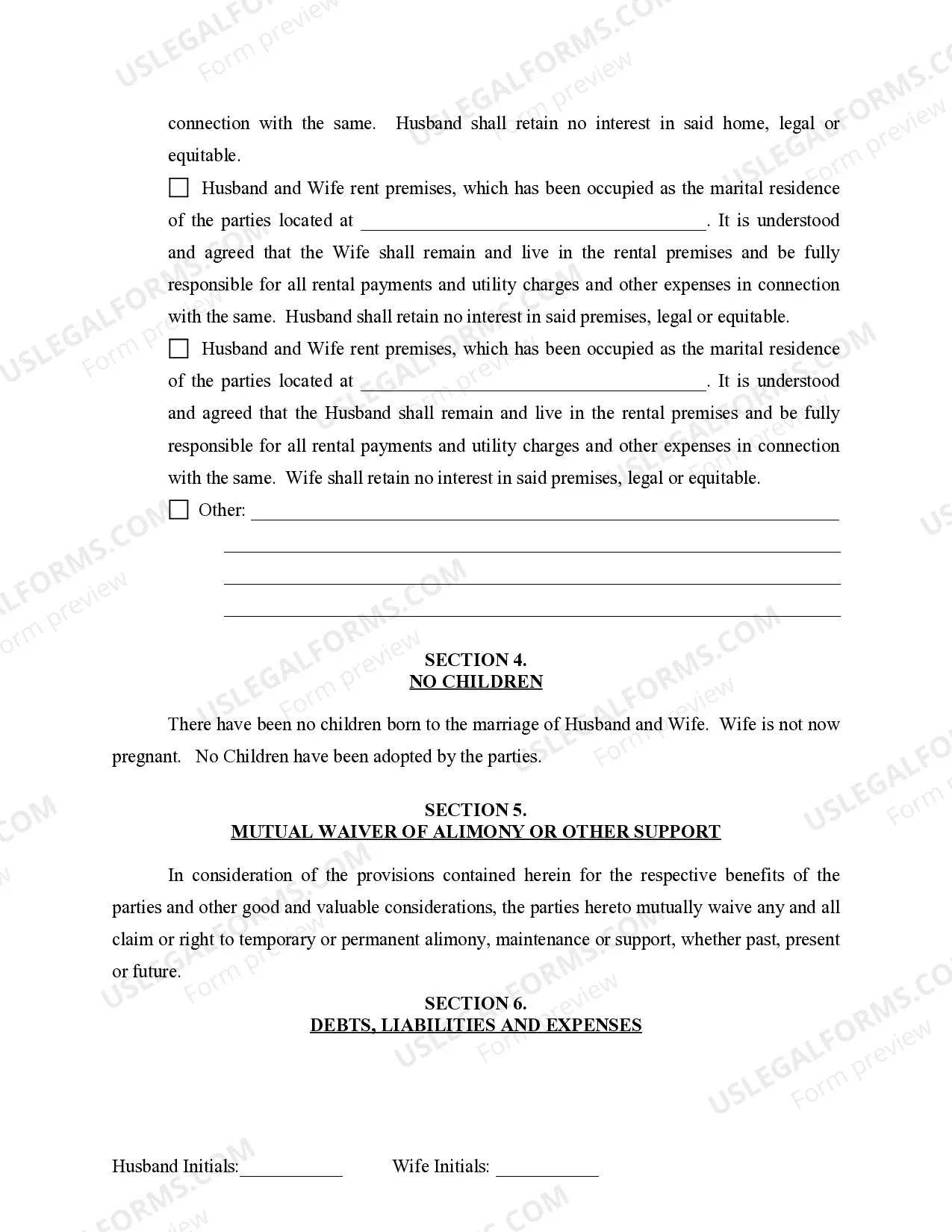 Preview Marital Domestic Separation and Property Settlement Agreement for persons with No Children, No Joint Property or Debts where Divorce Action Filed