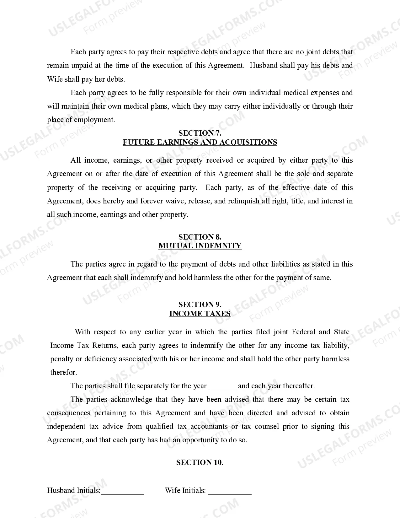 Preview Marital Domestic Separation and Property Settlement Agreement for persons with No Children, No Joint Property or Debts where Divorce Action Filed